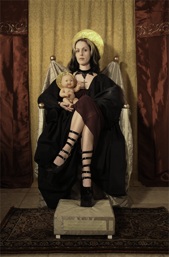 Goth Modonna : My work examines religious imagery and uses this imagery to express ideas and concepts outside the boundaries of faith and spirituality. Through this imagery, I am examining my identity as a woman, the lineage of womanhood, and what a woman represents. These images show the imperfections, and the humanness of individuals, creating a tension when juxtaposed with the religious and sacred iconography. I am reinventing and reclaiming religious iconography, rather than destroying it.
